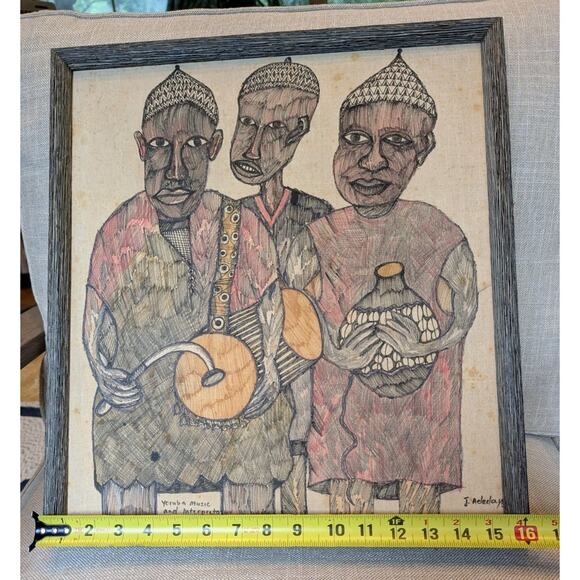 "Yoruba Music And Interpretation" Signed Folk Art Painting on Fabric Canvas - Picture 6 of 11
